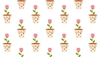 A delicate seamless pattern featuring hand-drawn potted flowers in clay pots on a white background. Ideal for wallpapers, fabrics, stationery, and botanical-themed projects. vector