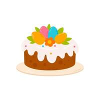 Easter Cake with Sugar Glaze and Colorful Eggs vector