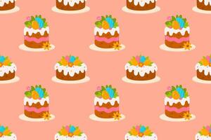 A seamless pattern with Easter cakes decorated with icing, candy eggs, and festive flowers on a soft pink background. Great for seasonal packaging, greeting cards, and decorative fabrics. vector