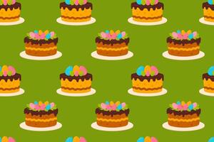 A seamless pattern featuring chocolate-glazed Easter cakes with colorful eggs on a green background. Ideal for wrapping paper, seasonal fabrics, and Easter-themed projects. vector