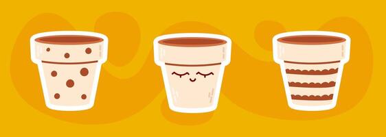 A set of three hand-drawn decorative clay pots with unique patterns, displayed on a warm yellow background. Ideal for gardening themes, ceramics, and pottery-related designs. vector