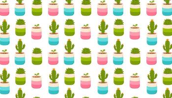 A seamless pattern featuring potted plants, cacti, and succulents in colorful containers. Ideal for fabric, wallpaper, wrapping paper, and botanical-themed products. vector