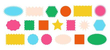 Different geometric shapes with zig zag wavy edge. Rectangle, Oval, Circle, Square. set colorful elements for design frame, stamp, template and badges vector