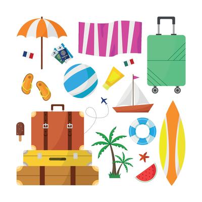 Summer vacation item icons set.