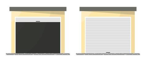 Garages with sliding door icons on white background. Open and closed garage. vector
