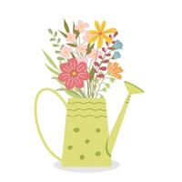 Flowering plants, a bouquet of flowers in a watering can. Spring botanical composition vector
