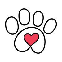 Dog paw with red heart inside. Outline isolated icon. Hand drawn illustration on white background. vector