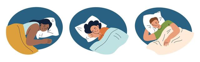 Collection of minimalist illustrations with sleeping people. Men and women resting on pillows under blankets in various sleeping positions. Flat cartoon set on healthy sleep, relaxation, rest, comfort vector
