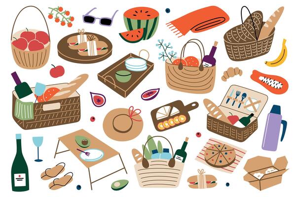 Picnic baskets with food, serving trays, set of wooden boards for outdoor dining. Fruits, cheese, wine, sandwiches, summer accessories icons collection. Picnic illustration, spring doodles