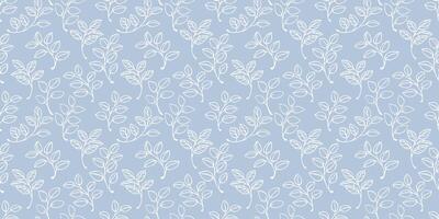 Seamless pattern of white outline leafy branches on a pastel blue background. A soft and minimalist design ideal for cover, print ornament, stationery, textiles, and packaging. vector