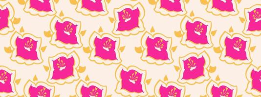 Seamless abstract floral pattern featuring vibrant pink flowers with yellow details and stylized outlines on a cream background. A playful, modern design ideal for textiles, wrapping paper vector