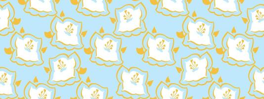 Seamless abstract floral pattern featuring bold flowers with yellow details on a blue background. Playful, modern design ideal for textiles, wrapping paper, and decor projects, print vector