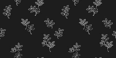 Seamless pattern featuring minimalist white line drawn branches with leaves on a black background. Simple nature ornament for elegant textiles, wallpaper, packaging, and modern graphic designs vector