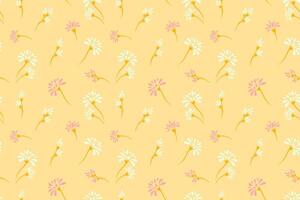 Seamless floral pattern with delicate daisies with stems on a soft yellow background. drawn plain unique flowers print. Design for spring summer themed projects, stationery, textiles vector