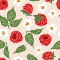 Raspberry berries, flowers, leaves summer seamless pattern wrapping, fabric. Natural berries texture vector