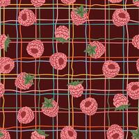 Raspberry line checkered summer seamless pattern for wrapping, fabric. berries tablecloth texture vector