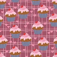 cup cakes with Red hearts on grid cell checkered seamless pattern, pastry Valentines day texture vector
