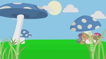 Cute Bunnies Sleeping Under Mushroom Cozy Nature Scene Three Little Rabbits Napping Under Big Mushroom in Grass Field Adorable Bunny Trio Sleeping Under a Mushroom Fairy Tale Animation video