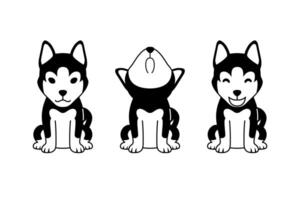 Set of black and white cartoon character siberian husky dog vector