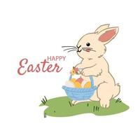 White background featuring a bunny with a basket of eggs on green grass, accompanied by a Happy Easter message, perfect for festive crafts. vector