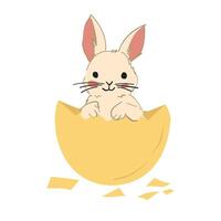 White background with a bunny emerging from a broken yellow egg, surrounded by shell pieces, ideal for Easter-themed decor. vector