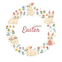 White background with bunnies in a circular wreath of flowers, featuring a Happy Easter message, perfect for festive crafts. vector