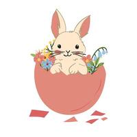 White background with a bunny in a broken pink egg, surrounded by colorful flowers and shell pieces, perfect for Easter crafts. vector