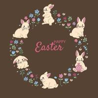 Brown background with a circular arrangement of bunnies, colorful flowers, and a Happy Easter message, ideal for holiday decor. vector