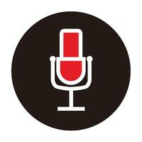 Prinline art microphone for broadcast or podcast icon or logo - red and white illustrations line art microphone isolated on black circle vector