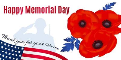 horizontal memorial Day banner, a template with red poppies and a silhouette of a soldier vector