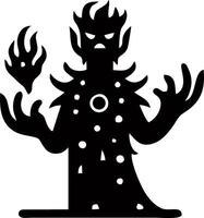 A black and white silhouette of a demon with flames coming out of its hands vector