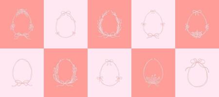 Geometric Easter pink background. Egg shape frames set. Coquette girly flirtatious hand drawn illustration. Cute line doodle sketch. Botanical spring flower wreath collection vector
