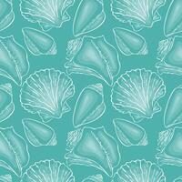 Seamless blue pattern with white outline of shells, mollusks. Marine atmosphere. vector