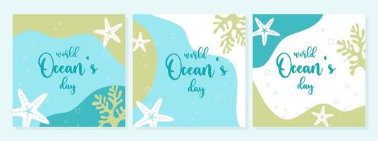 World Oceans Day posters with starfish and corals. Harmonious flowing shapes in boho style. vector