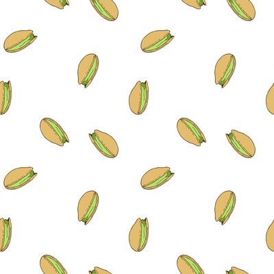 Pistachio nuts pattern, healthy food nuts and seeds, hand drawn nuts, doodle. Packaging, wallpaper, wrapper, backdrop.