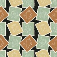 Postage stamps with seashells and mollusks, vintage seamless pattern about travel and vacation. On a dark background. vector