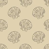 Seamless beige pattern with dark outline of shells, mollusks. Tropical beach shells on sand. Marine atmosphere. vector