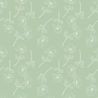 Flowers on soft green background, pattern of contour drawings of flowers, possibly poppies. Textile. vector