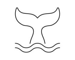 Whale tail icon with wavy lines. Silhouette of cetacean animal diving in sea isolated on white background. Dolphin, orca, beluga or another marine mammal symbol. outline illustration vector