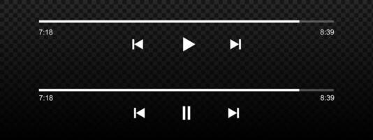 Set of audio or player progress loading bars with time slider, play and pause, rewind and fast forward buttons. MP3, podcast or audiobook playback panel interface. graphic illustration vector