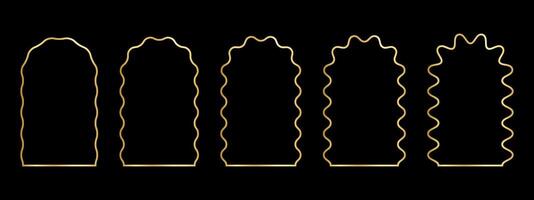 Set of gold arch frames with wiggly edges. Golden archway shapes with scallop borders. Wavy mirrors, portals or doors, empty text boxes or banners isolated on dark background. illustration vector