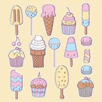 Set of candy and ice cream icons in doodle style. Soft tones vector