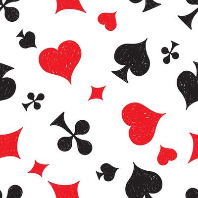 Seamless pattern with crayon drawn poker card suits. Gambling game, casino symbol illustration. Great for textile, fabric, wallpaper, wrapping, scrapbook and packaging
