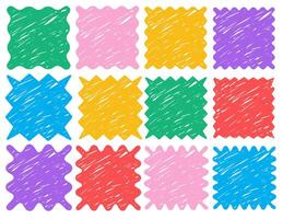 Set of colorful square wavy ink drawn shapes. Zigzag wavy edges, psychedelic frames, text boxes, tags. Abstract elements for template, stickers, promo material, web or social media design. vector