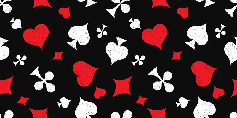 Seamless pattern with crayon drawn poker card suits on black. Gambling game, casino symbol illustration. Great for textile, fabric, wallpaper, wrapping, scrapbook and packaging