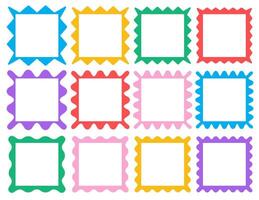 Set of colorful square wavy ink drawn frames. Zigzag wavy edges, psychedelic photo frames, text boxes, tags. Abstract elements for template, stickers, promo material, web or social media design. vector