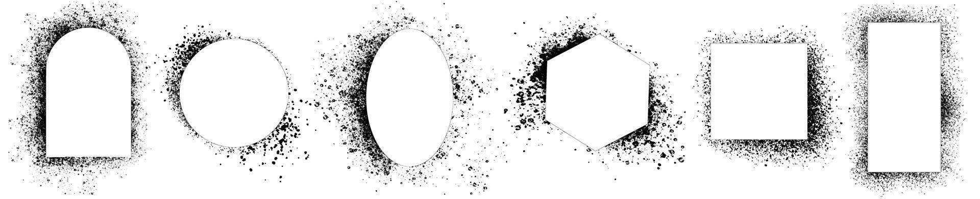 Set of black frames, various spray stencils isolated on white background. Urban street graffiti style. Airbrush paint splatter borders, grunge street art with splash effect and drops
