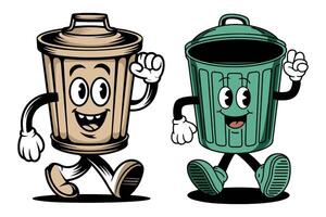 Cheerful cartoon characters of a trash can and a garbage bin walking together in a playful manner vector
