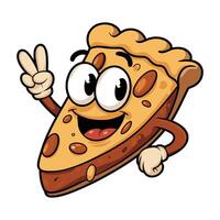 Cheerful cartoon retro pie slice character making peace sign with joyful expression in playful style vector