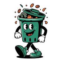 Retro cartoon character of a walking trash can happily carrying waste with a playful expression vector